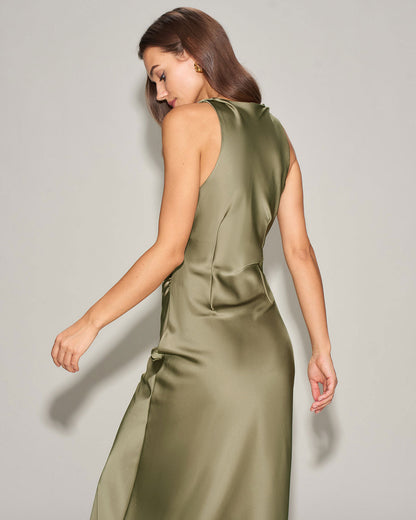 Yeşil Saten Kayık Yaka Slip Midi Elbise