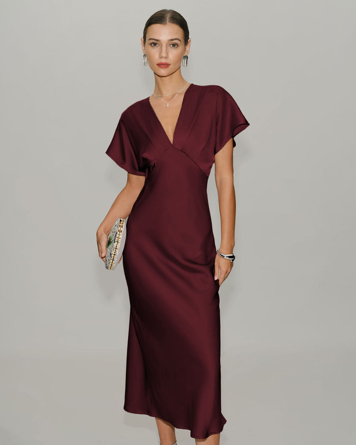 Bordo Saten Cowl Sleeve Midi Elbise
