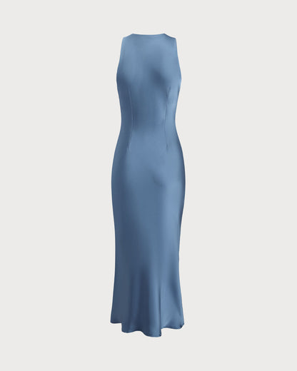 Mavi Saten Kayık Yaka Slip Midi Elbise