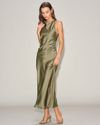 Yeşil Saten Kayık Yaka Slip Midi Elbise