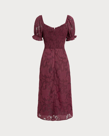 Bordo Jakarlı Yırtmaçlı Midi Elbise
