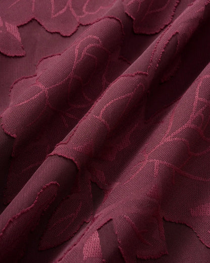 Bordo Jakarlı Yırtmaçlı Midi Elbise