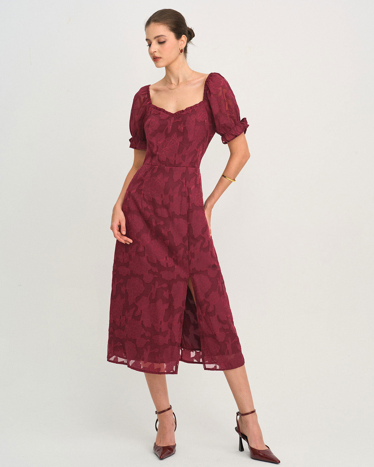 Bordo Jakarlı Yırtmaçlı Midi Elbise