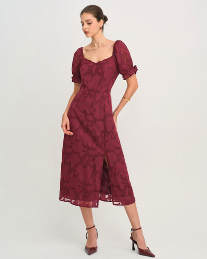 Bordo Jakarlı Yırtmaçlı Midi Elbise