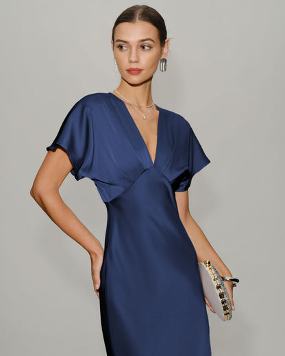 Lacivert Saten Cowl Sleeve Midi Elbise