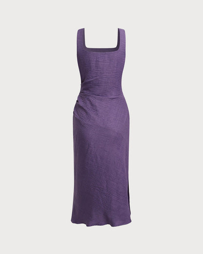 Mor Kare Yaka Slip Midi Elbise