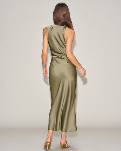 Yeşil Saten Kayık Yaka Slip Midi Elbise