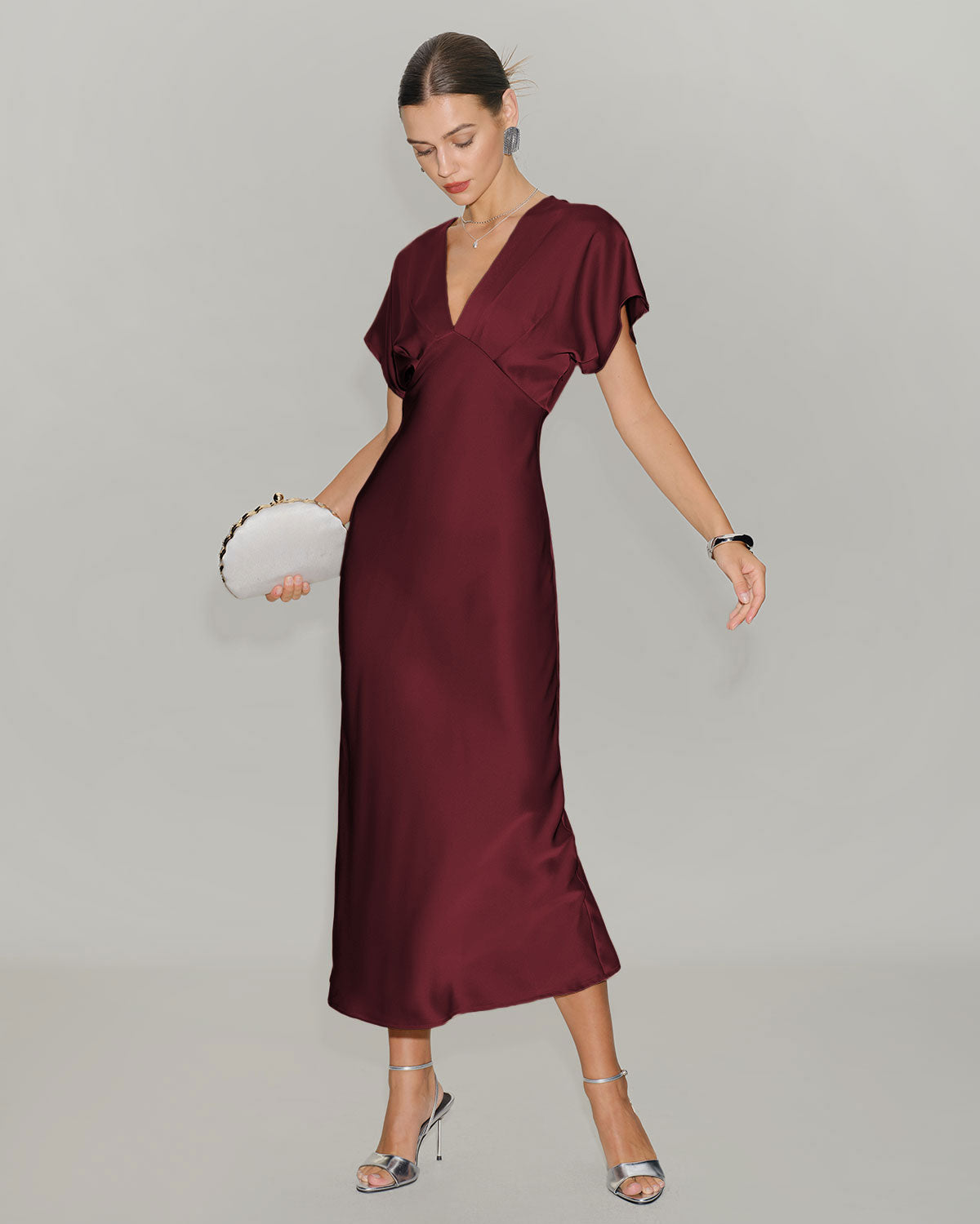Bordo Saten Cowl Sleeve Midi Elbise