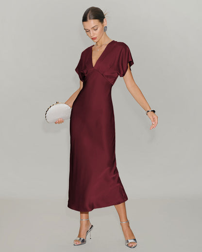 Bordo Saten Cowl Sleeve Midi Elbise