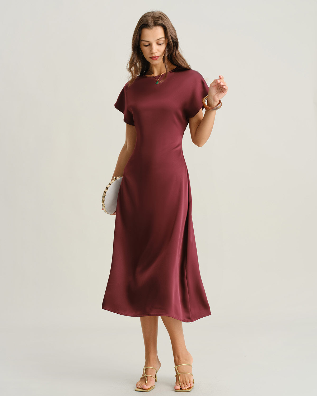 Kırmızı Saten Cowl Sleeve A Kesim Midi Elbise
