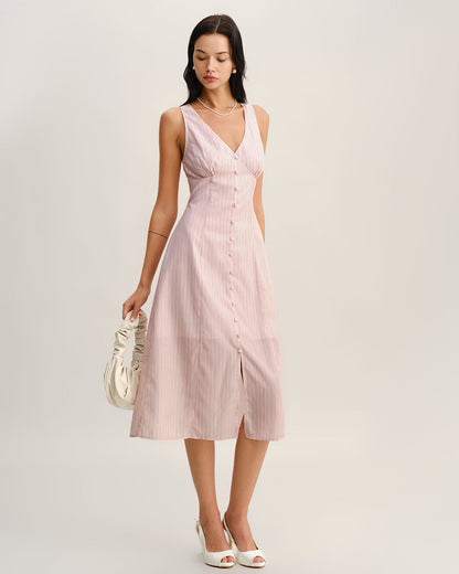 Pembe Çizgili V Yaka Kolsuz Midi Elbise