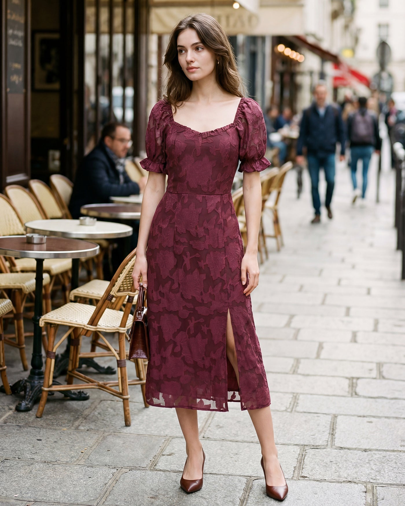 Bordo Jakarlı Yırtmaçlı Midi Elbise