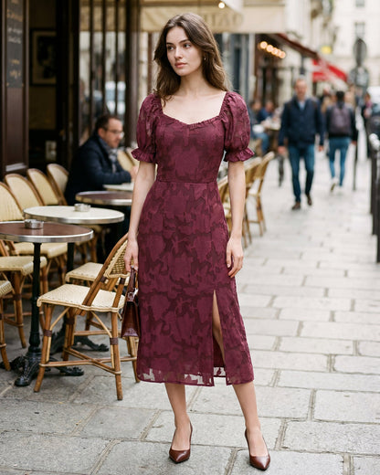 Bordo Jakarlı Yırtmaçlı Midi Elbise