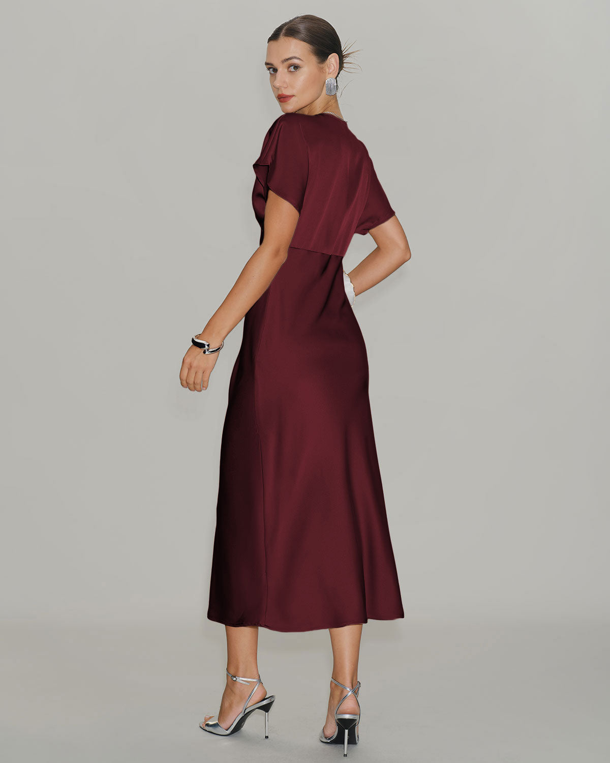 Bordo Saten Cowl Sleeve Midi Elbise