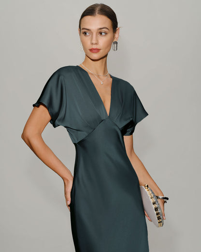 Gri Yeşil Saten Cowl Sleeve Midi Elbise