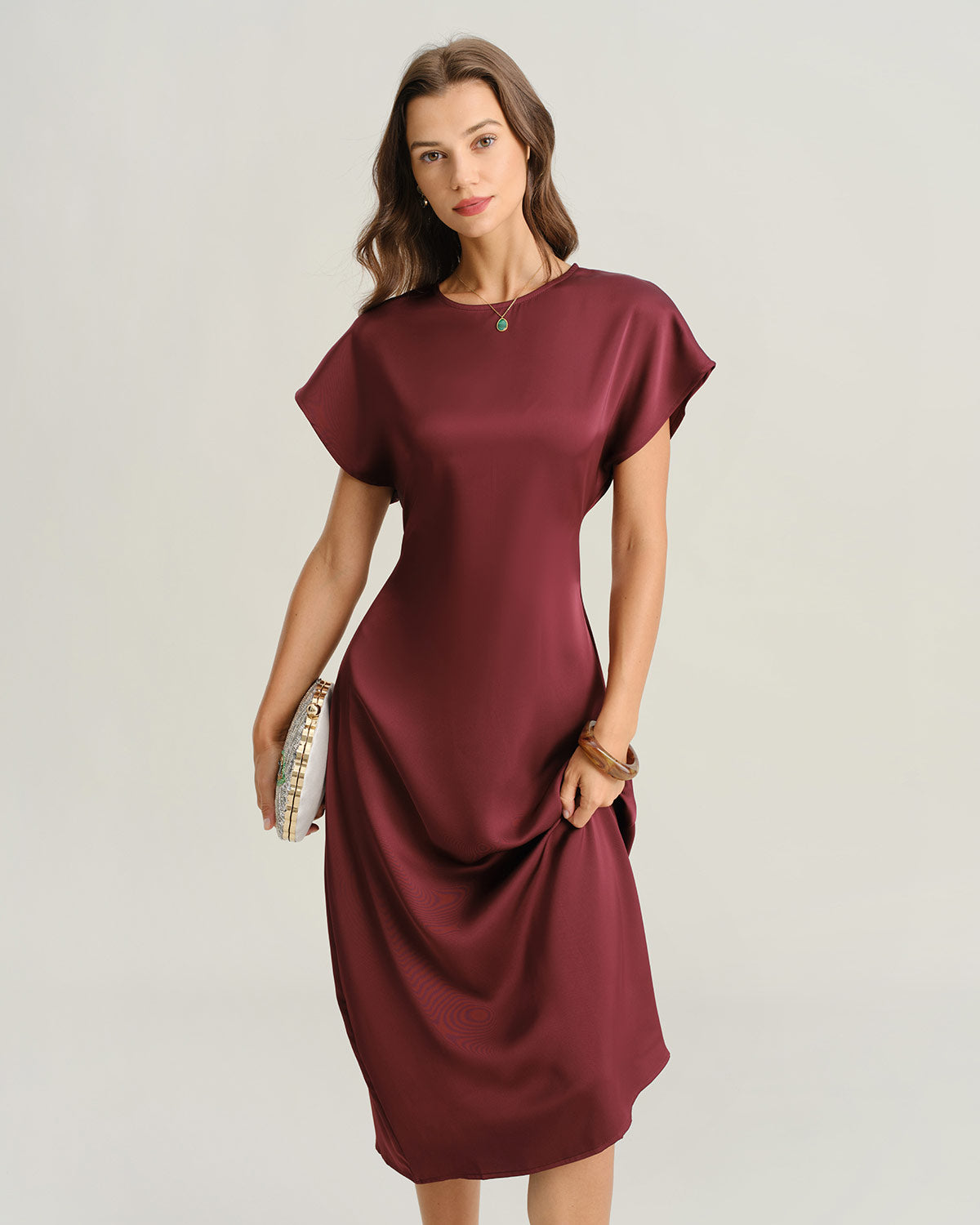 Kırmızı Saten Cowl Sleeve A Kesim Midi Elbise