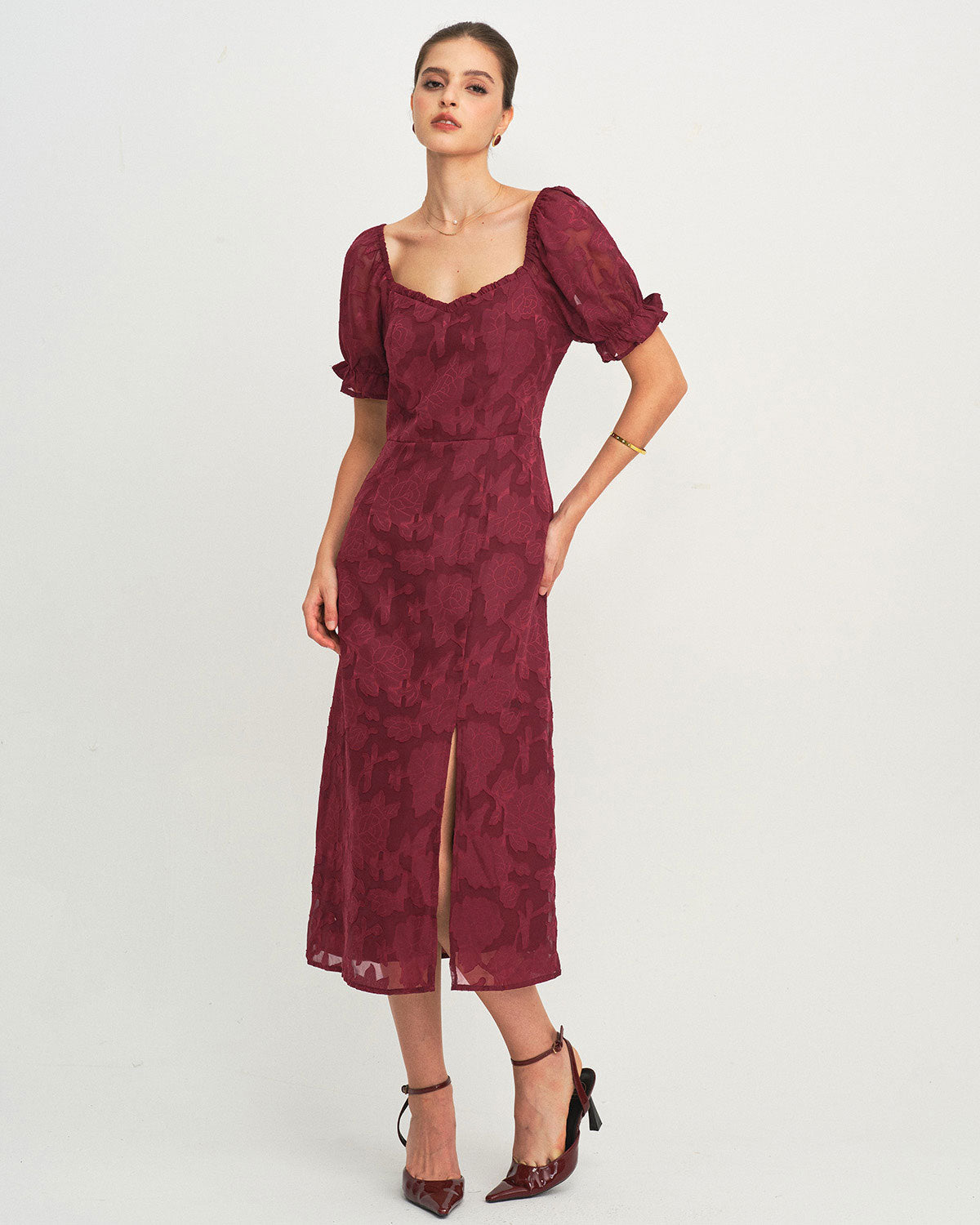 Bordo Jakarlı Yırtmaçlı Midi Elbise