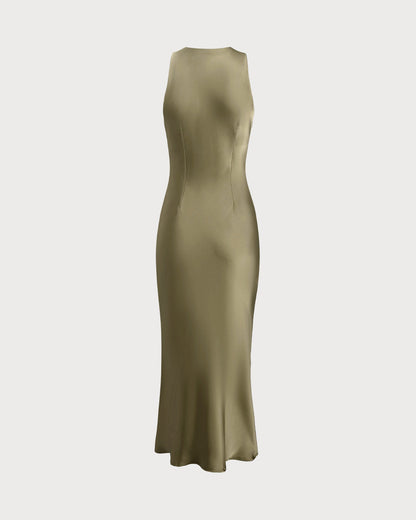 Yeşil Saten Kayık Yaka Slip Midi Elbise