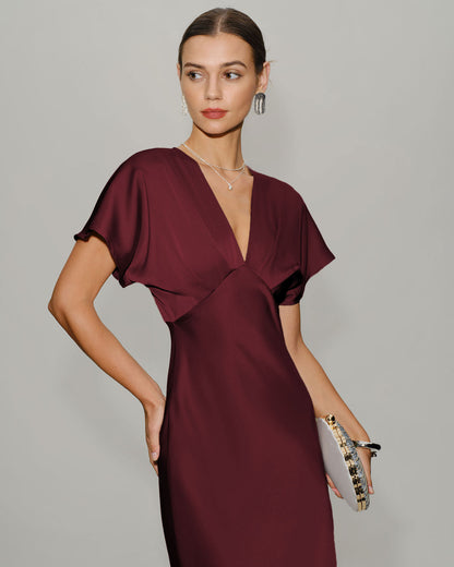 Bordo Saten Cowl Sleeve Midi Elbise