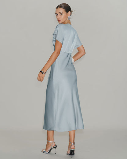 Mavi V Yaka Cowl Sleeve Saten Midi Elbise