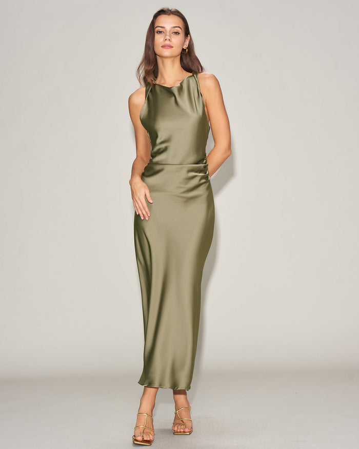 Yeşil Saten Kayık Yaka Slip Midi Elbise