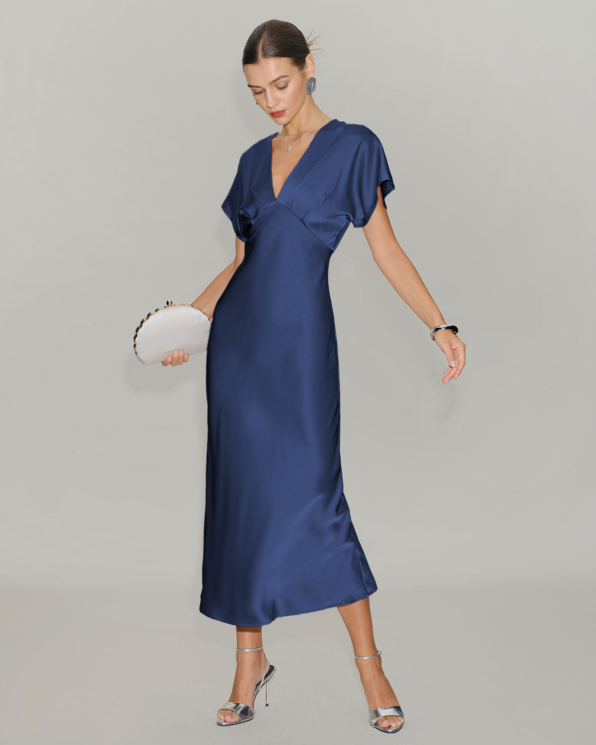 Lacivert Saten Cowl Sleeve Midi Elbise