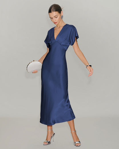 Lacivert Saten Cowl Sleeve Midi Elbise