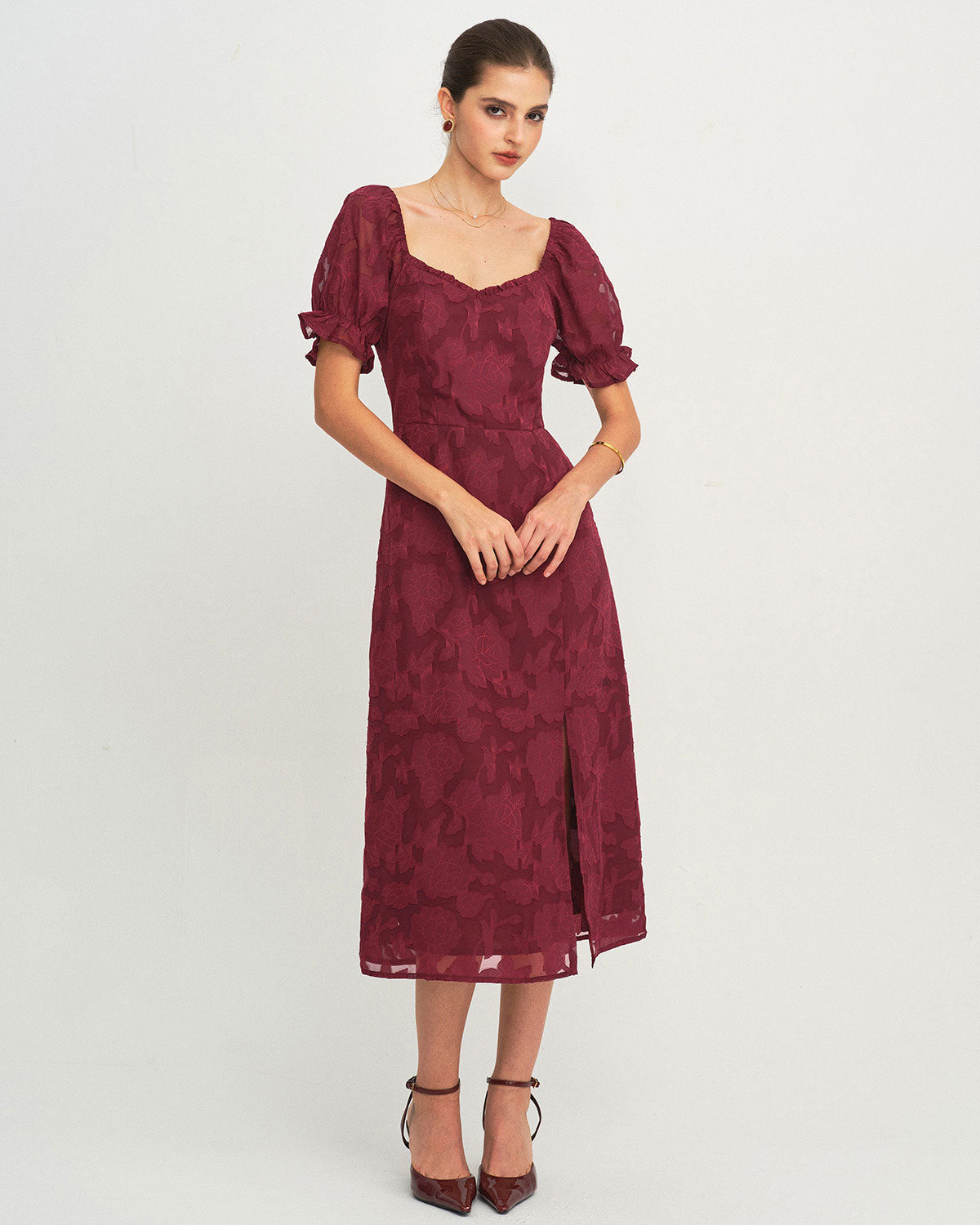 Bordo Jakarlı Yırtmaçlı Midi Elbise