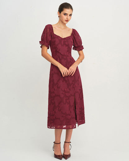 Bordo Jakarlı Yırtmaçlı Midi Elbise