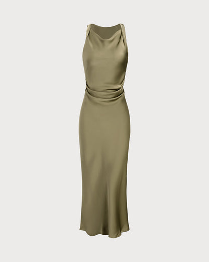 Yeşil Saten Kayık Yaka Slip Midi Elbise