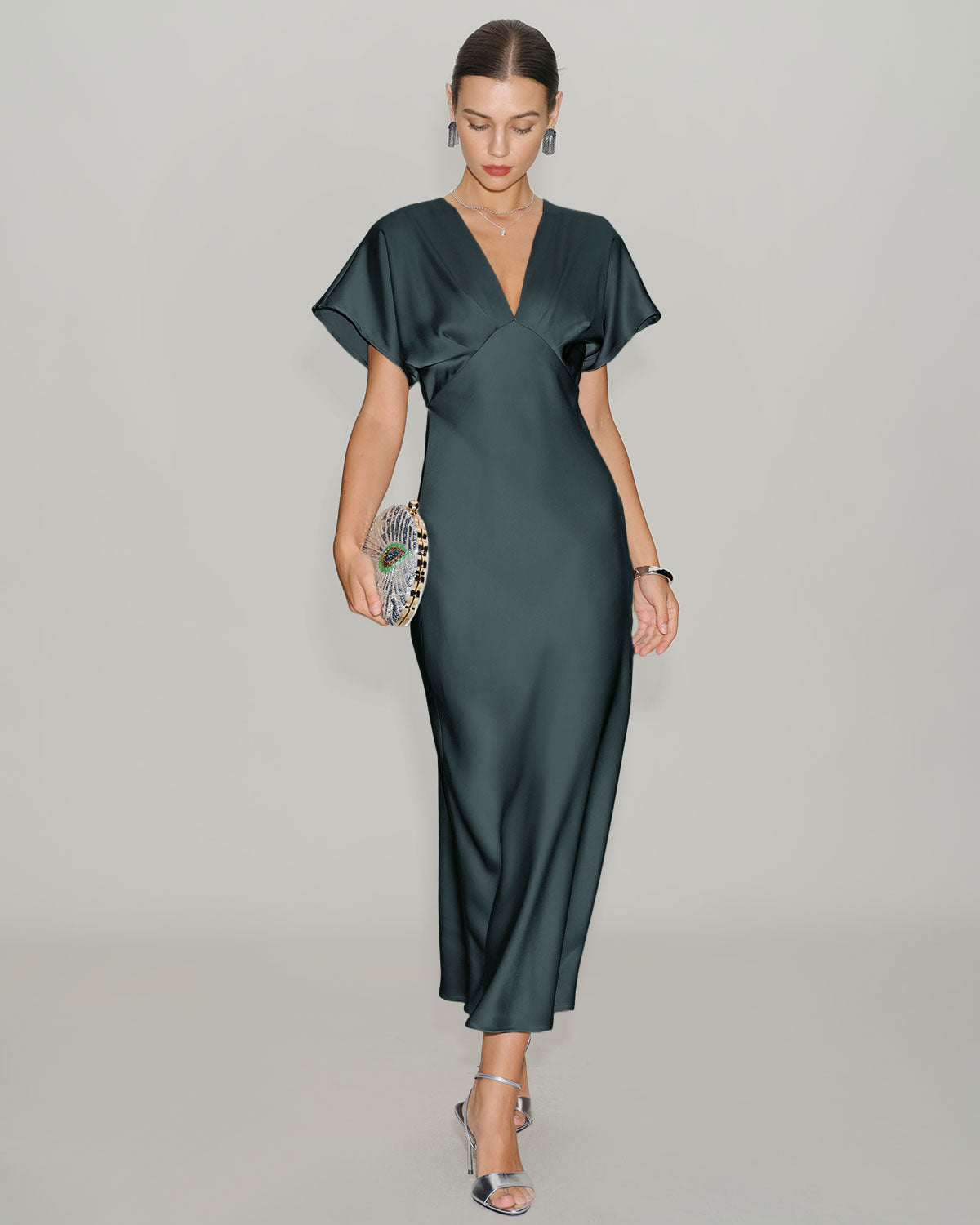 Gri Yeşil Saten Cowl Sleeve Midi Elbise