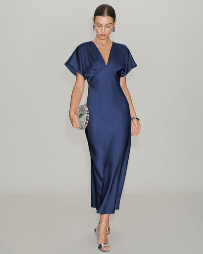 Lacivert Saten Cowl Sleeve Midi Elbise