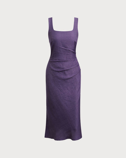 Mor Kare Yaka Slip Midi Elbise