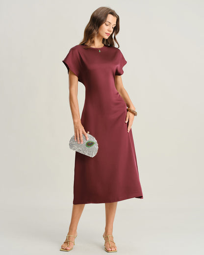 Kırmızı Saten Cowl Sleeve A Kesim Midi Elbise