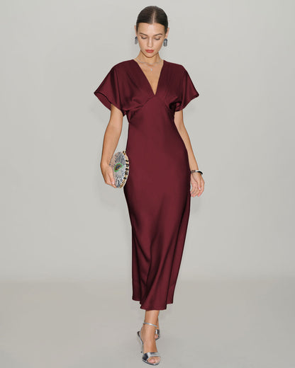 Bordo Saten Cowl Sleeve Midi Elbise