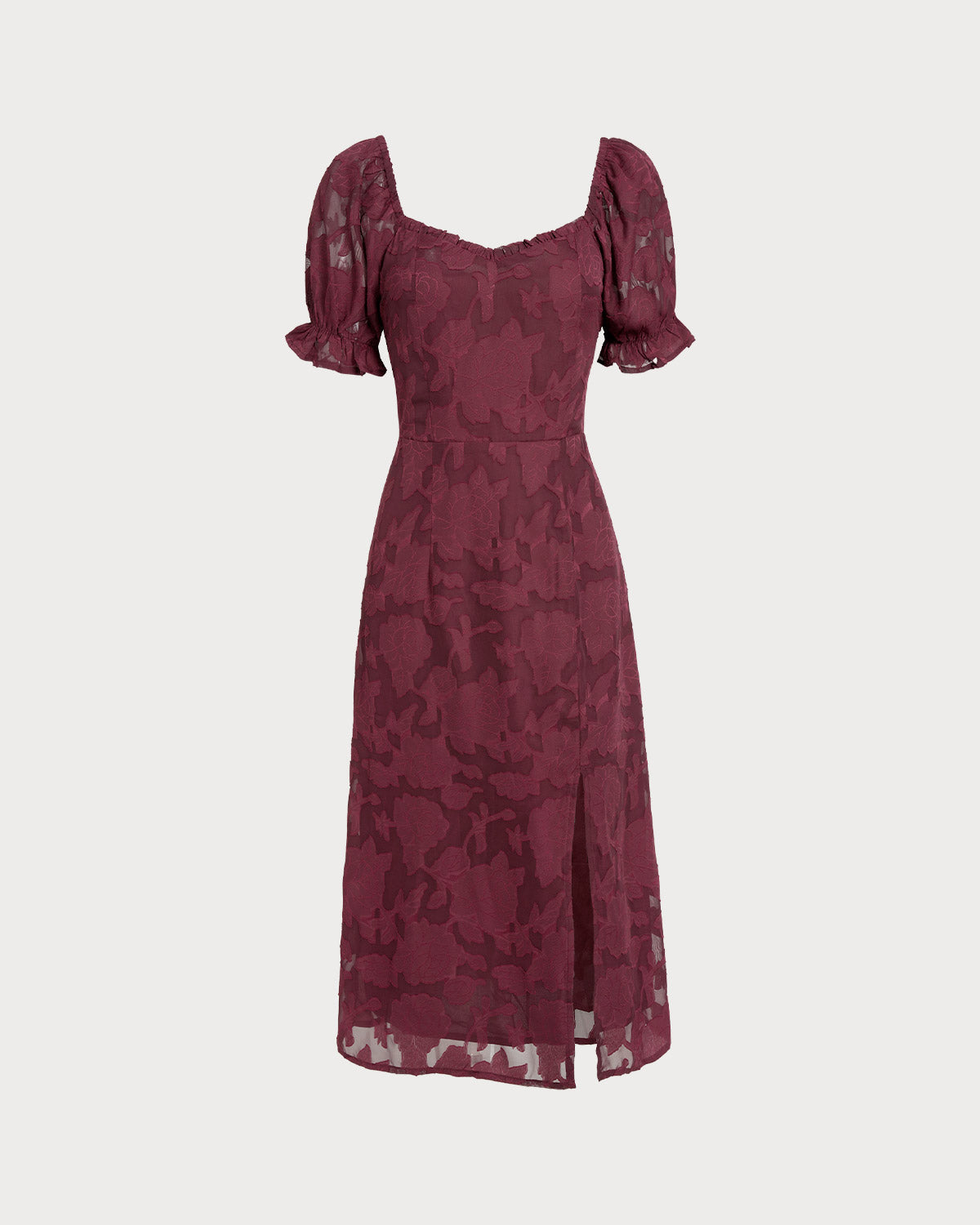 Bordo Jakarlı Yırtmaçlı Midi Elbise