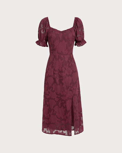 Bordo Jakarlı Yırtmaçlı Midi Elbise