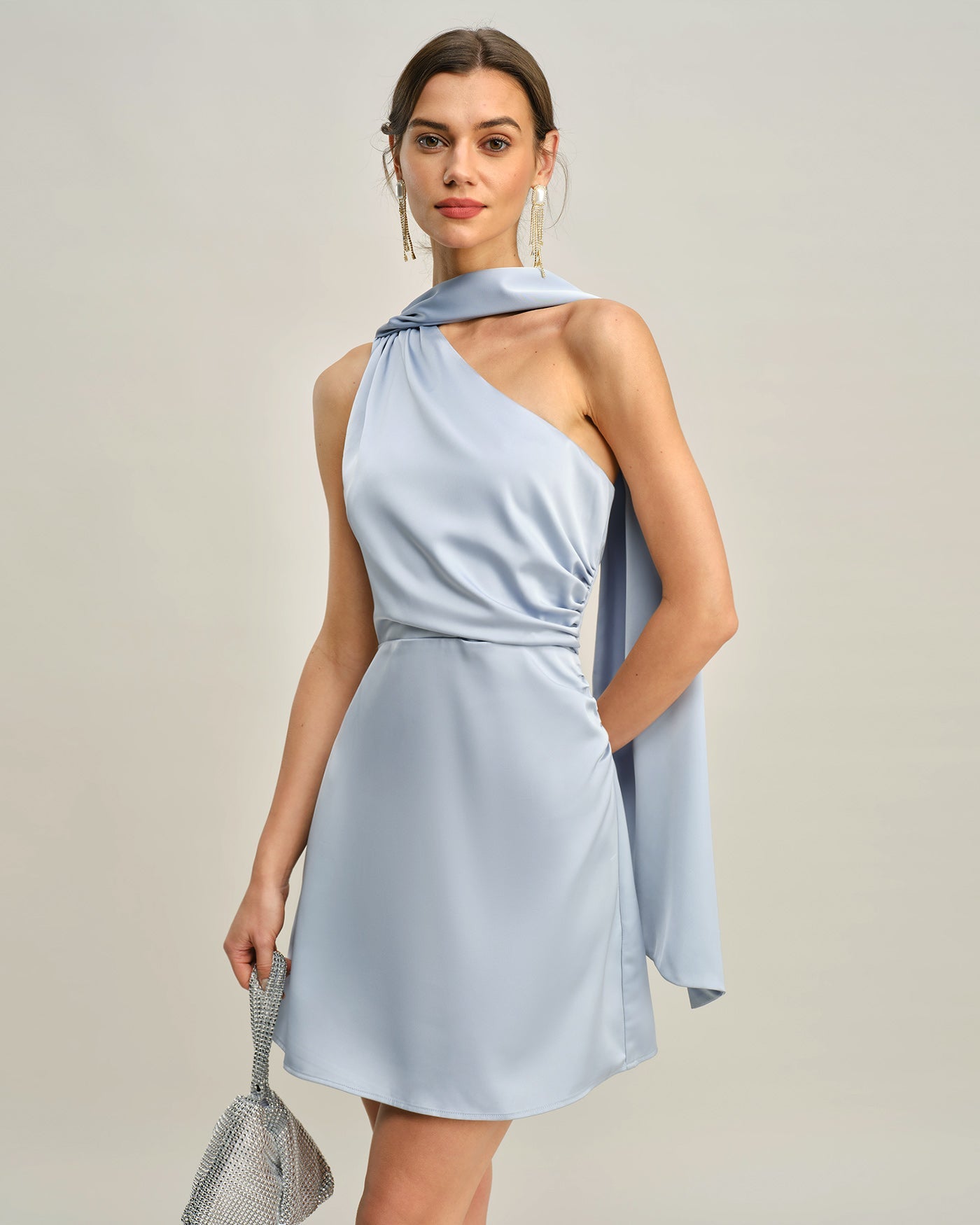 Mavi One Shoulder Saten Mini Elbise