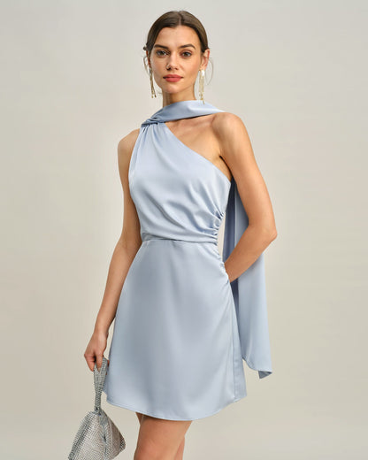 Mavi One Shoulder Saten Mini Elbise