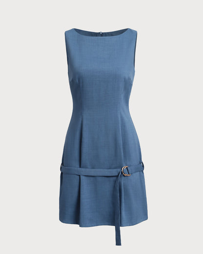 Mavi Kayık Yaka Belted Mini Elbise