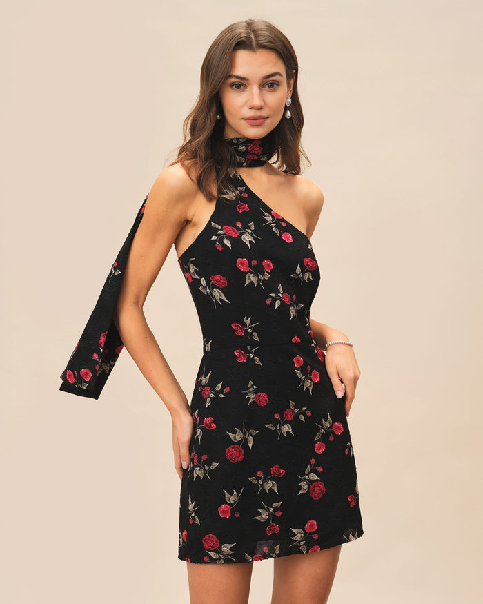 Siyah Jakarlı One Shoulder Mini Elbise
