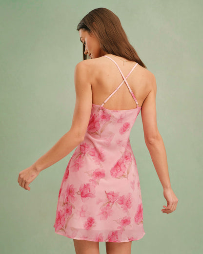 Pembe Degaje Yaka Çiçek Desenli Slip Mini Elbise
