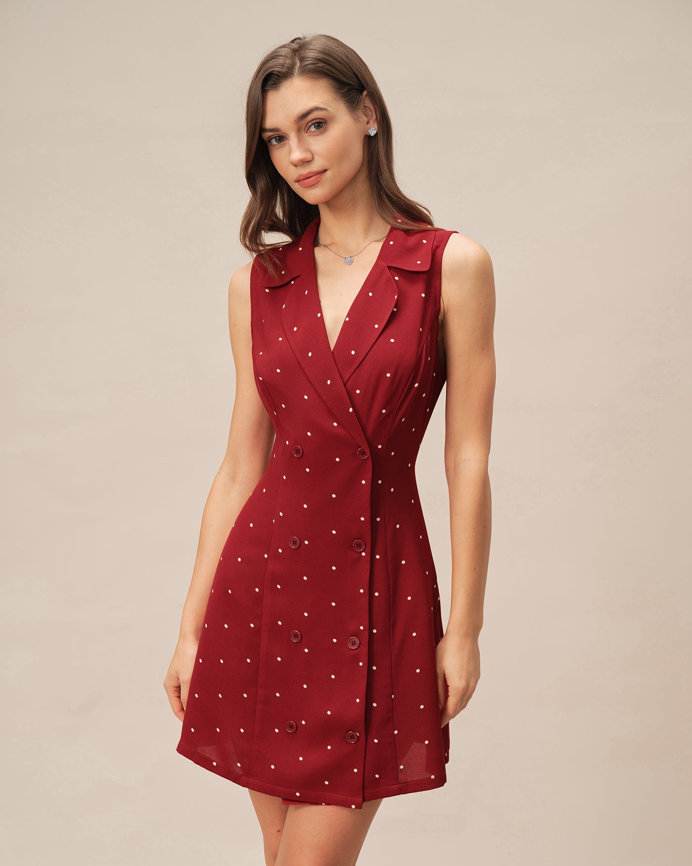 Kırmızı V Yaka Puantiyeli Mini Elbise