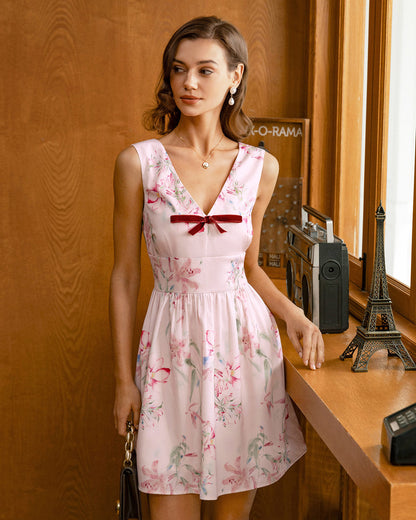 Pembe Çiçek Desenli Bowknot Kolsuz Mini Elbise