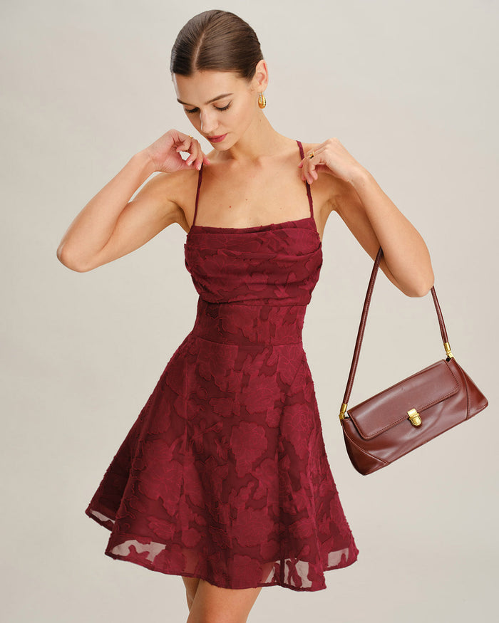 Bordo Çiçek Desenli Sırtı Açık Slip Mini Elbise