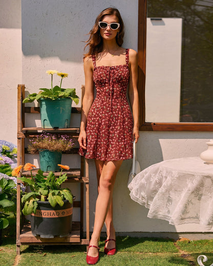 Kırmızı Bağlamalı Çiçek Desenli Slip Mini Elbise