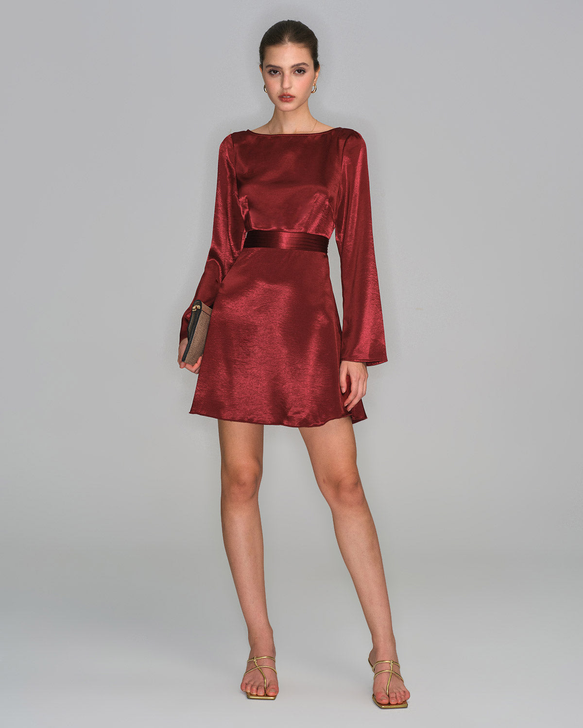 Bordo Saten Volan Kol Mini Elbise