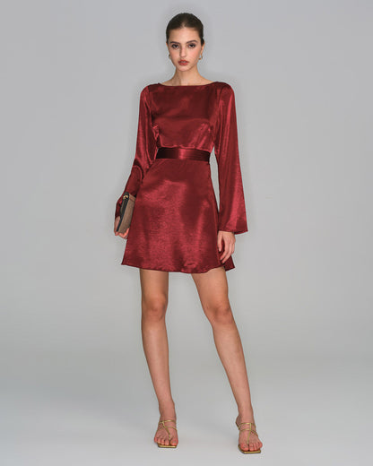 Bordo Saten Volan Kol Mini Elbise