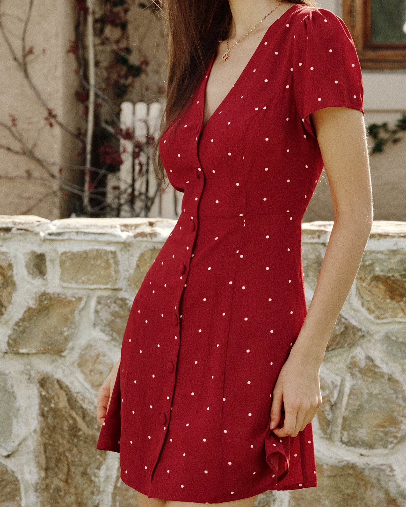 Bordo V Yaka Puantiyeli Mini Elbise