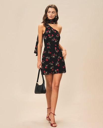 Siyah Jakarlı One Shoulder Mini Elbise